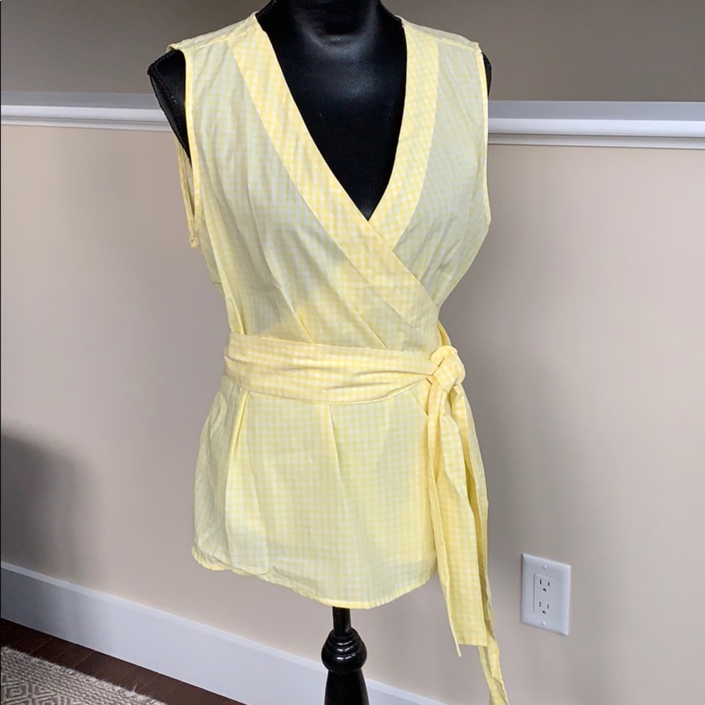 Yellow and white gingham check wrap blouse